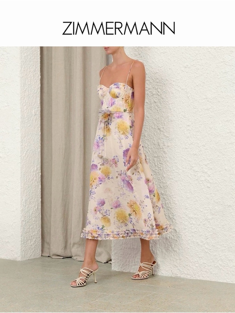 Zimmermann Cream Floral Backless Midi Dress with Yellow and Purple Blooms